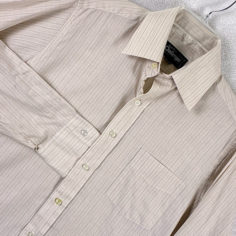 VTG 70s Challenger Shirt Men 15.5-34 (M) Beige Stripe Paper Thin Classic Preppy